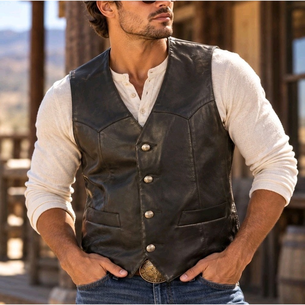 Continental Leather Fashions Men's 46 Black Leather Western Vest USA Buffalo...